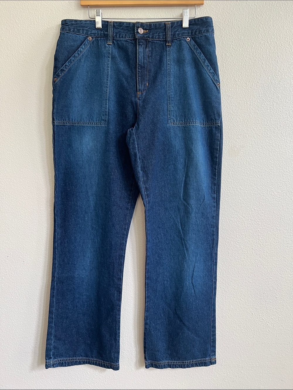 BILL BLASS 90s Jeans High-Waisted Patch Pockets Wide-Leg Boot-Cut Blue Women 14